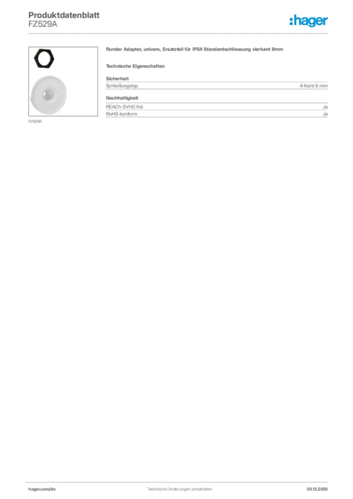 Bild Hager Produktdatenblatt FZ529A | Hager Deutschland