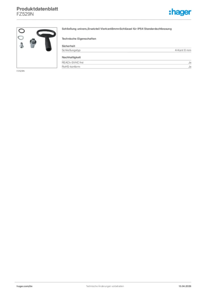 Bild Hager Produktdatenblatt FZ529N | Hager Deutschland