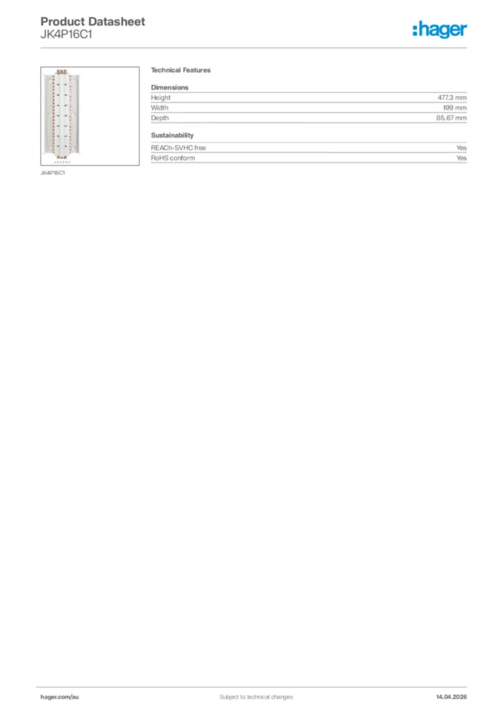 Image Hager Product data sheet JK4P16C1  | Hager Australia