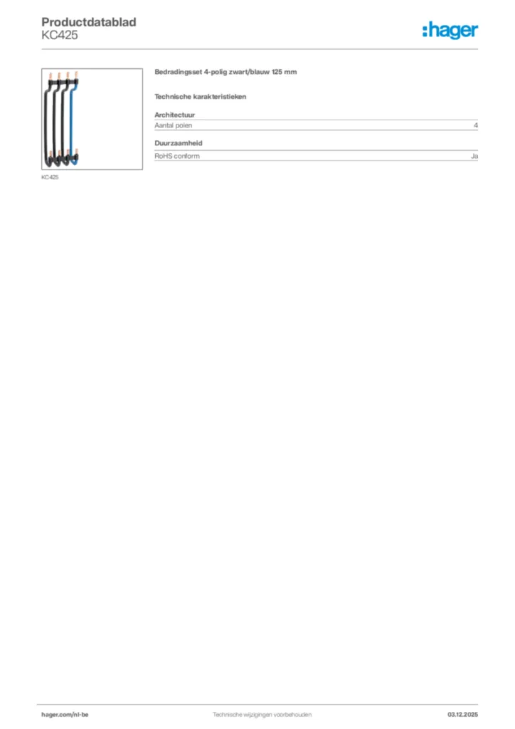 Afbeelding Hager Productdatablad KC425 | Hager Belgium