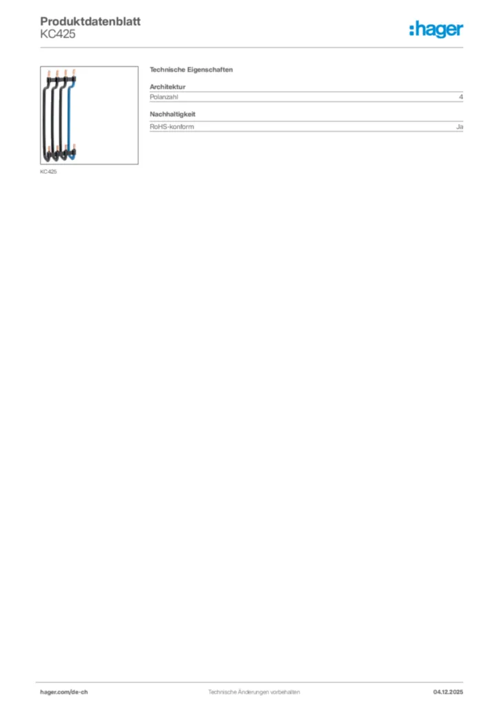 Bild Hager Produktdatenblatt KC425 | Hager Schweiz