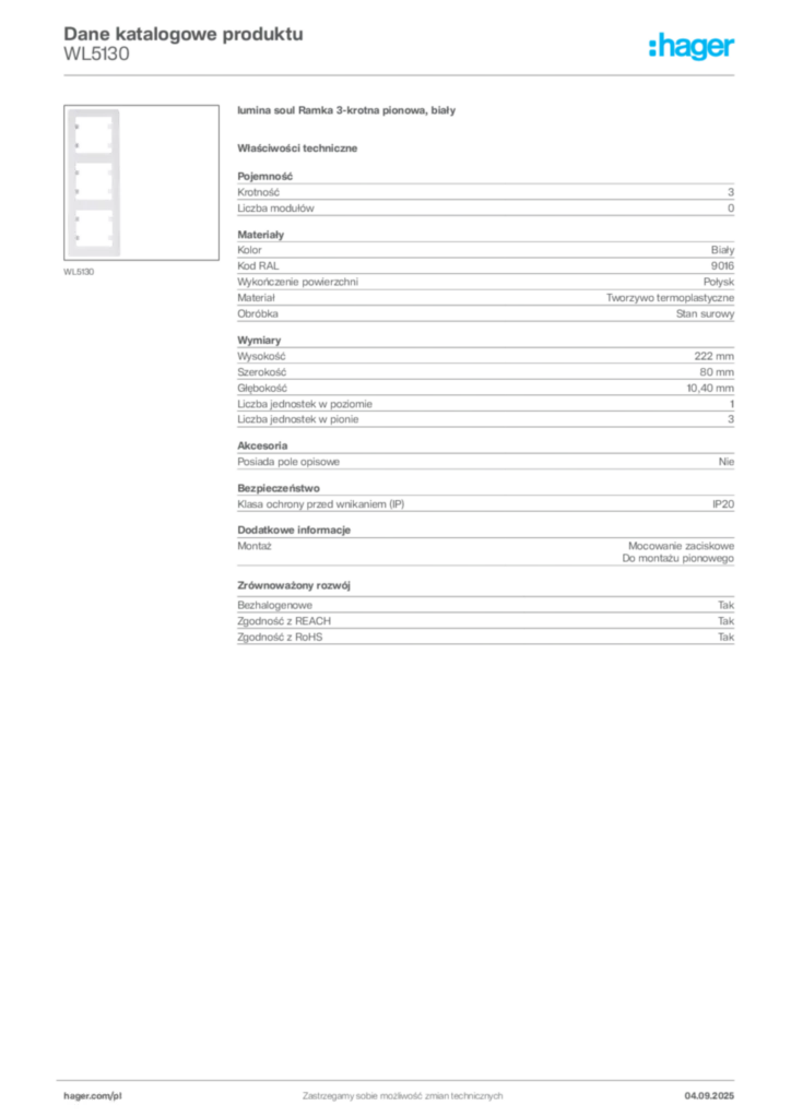 Zdjęcie Hager Dane katalogowe produktu WL5130 | Hager Polska