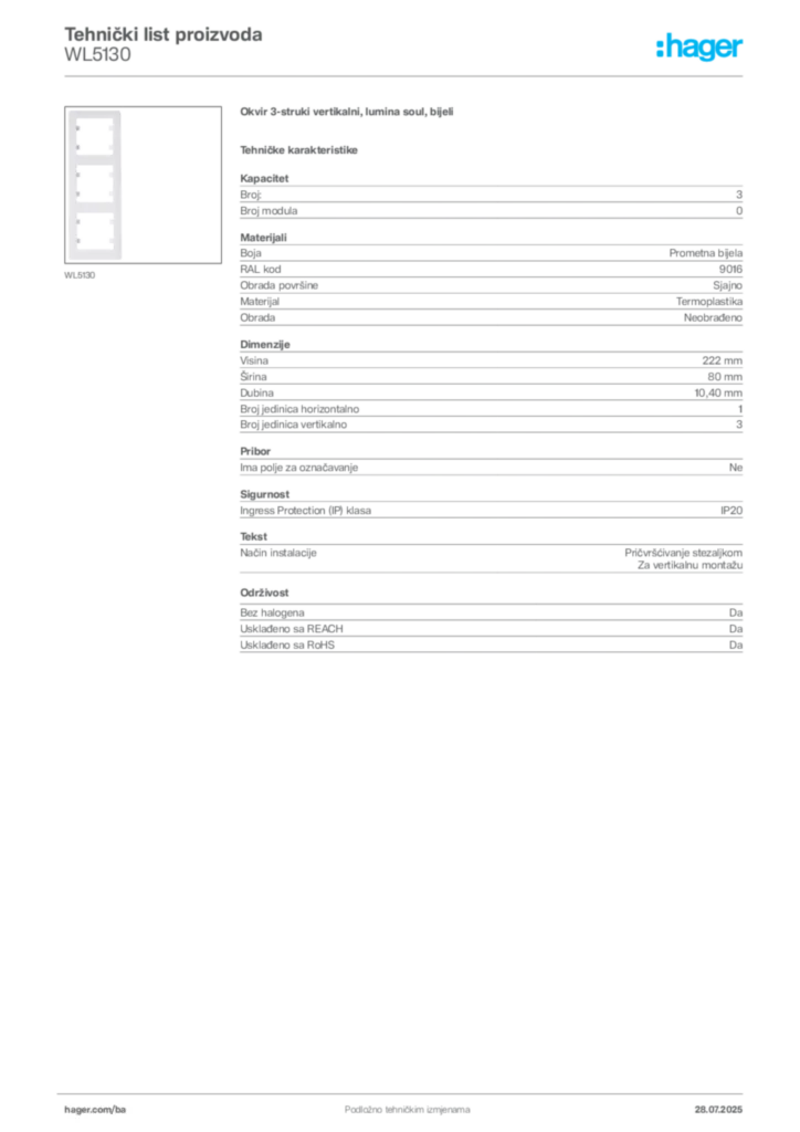 Slika Hager Product data sheet WL5130  | Hager