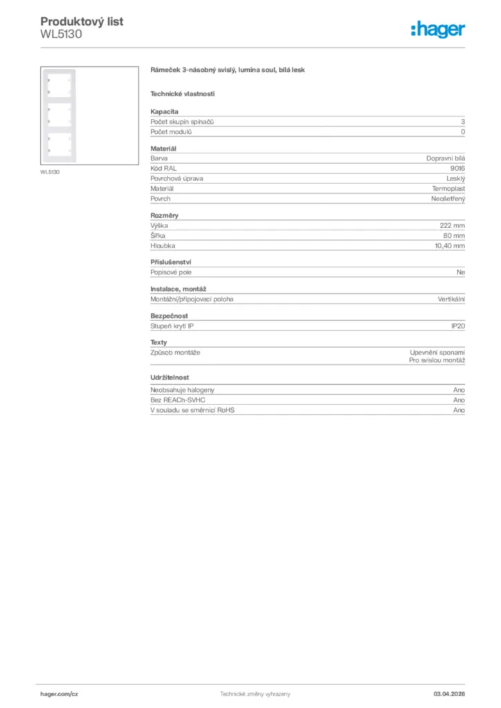 Obrázek Hager Product data sheet WL5130 | Hager