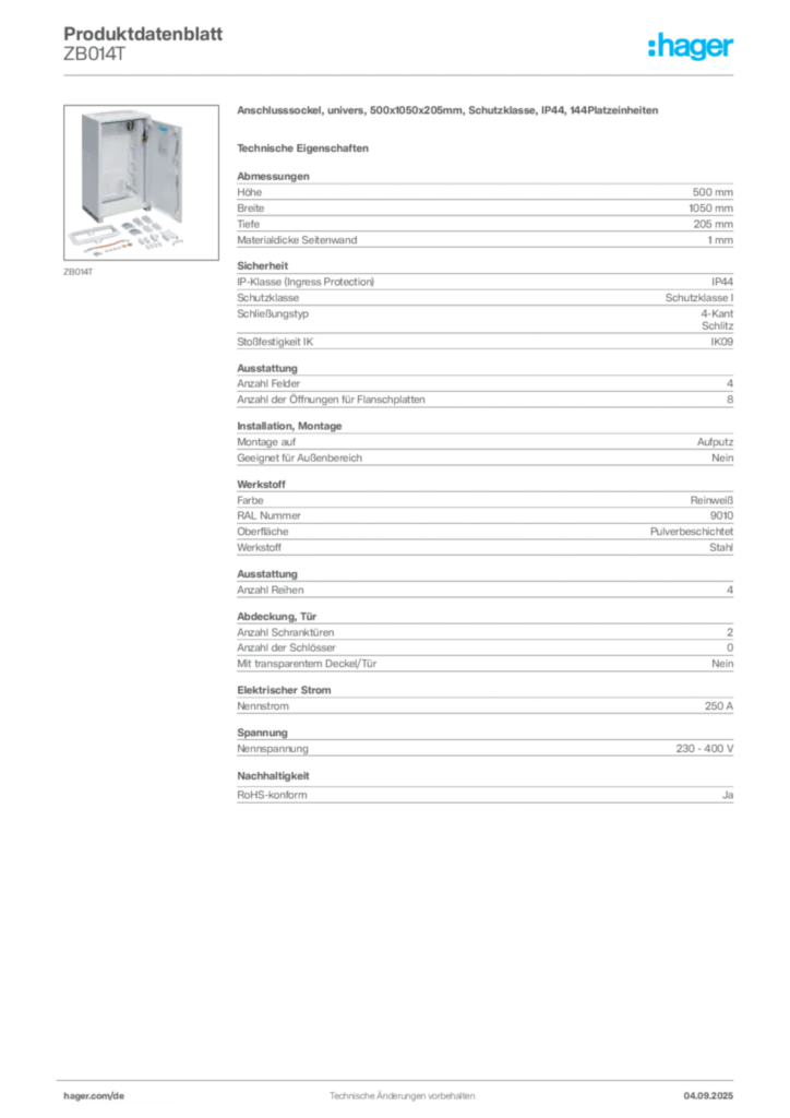 Bild Hager Produktdatenblatt ZB014T | Hager Deutschland