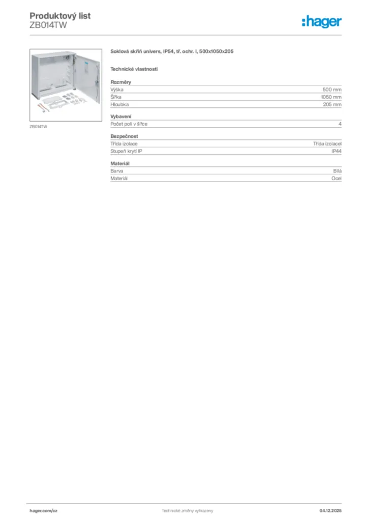 Obrázek Hager Product data sheet ZB014TW | Hager