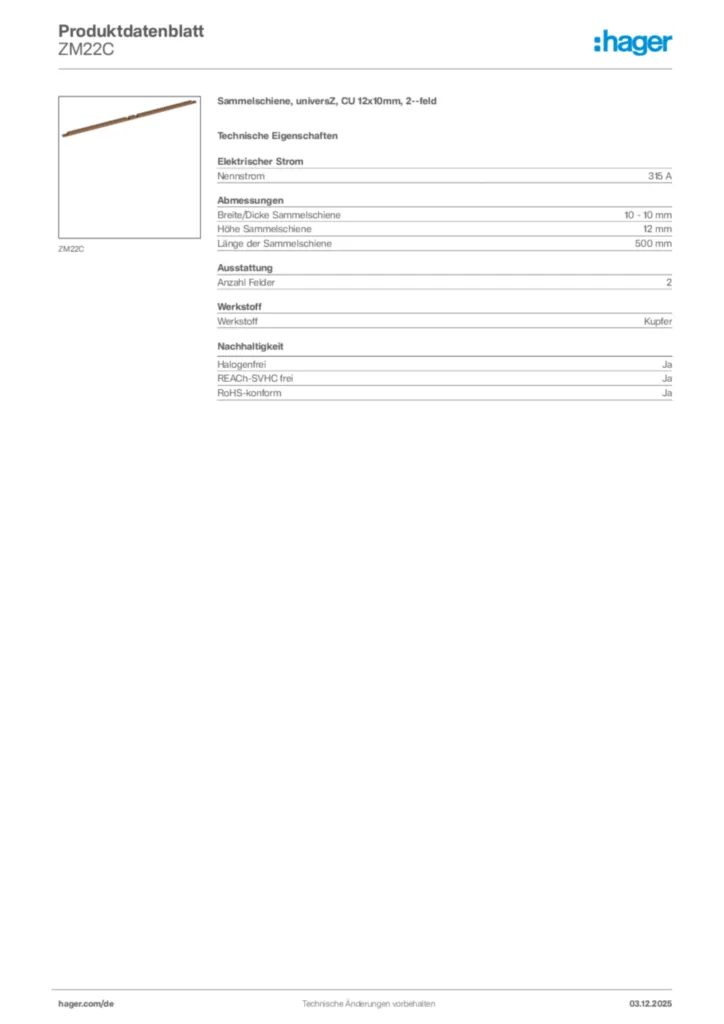Hager Produktdatenblatt ZM22C