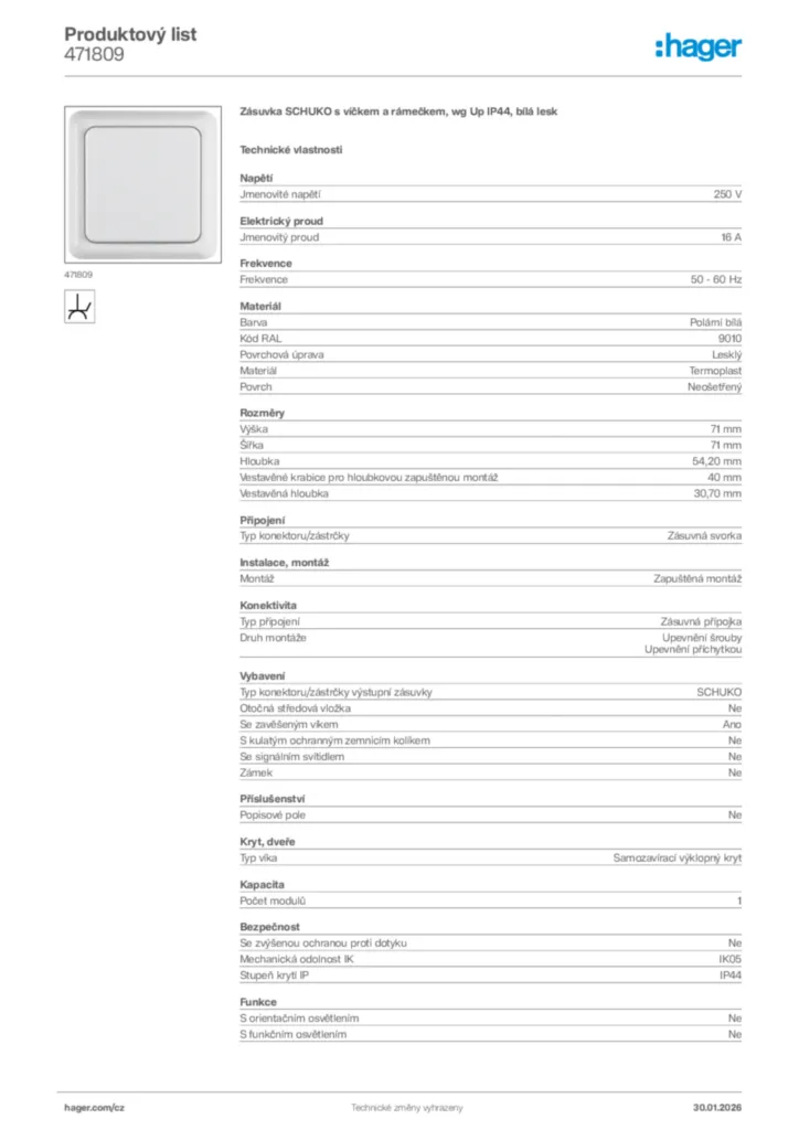 Obrázek Hager Product data sheet 471809 | Hager
