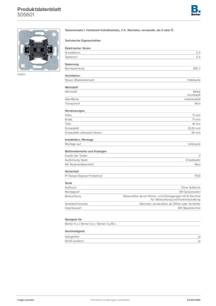 Bild Berker Produktdatenblatt 505601 | Hager Deutschland