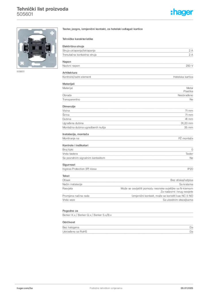 Slika Hager Product data sheet 505601  | Hager