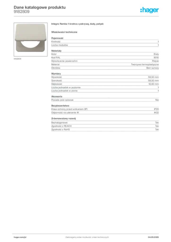 Zdjęcie Hager Dane katalogowe produktu 9182809 | Hager Polska