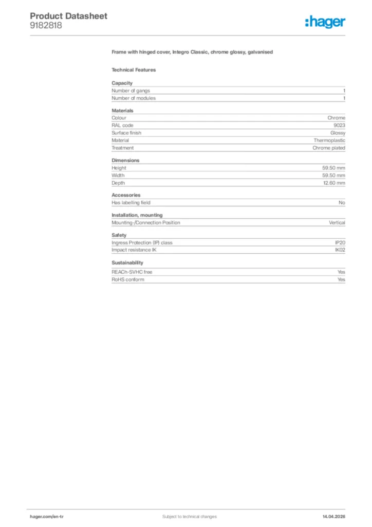Image Hager Product data sheet 9182818  | Hager