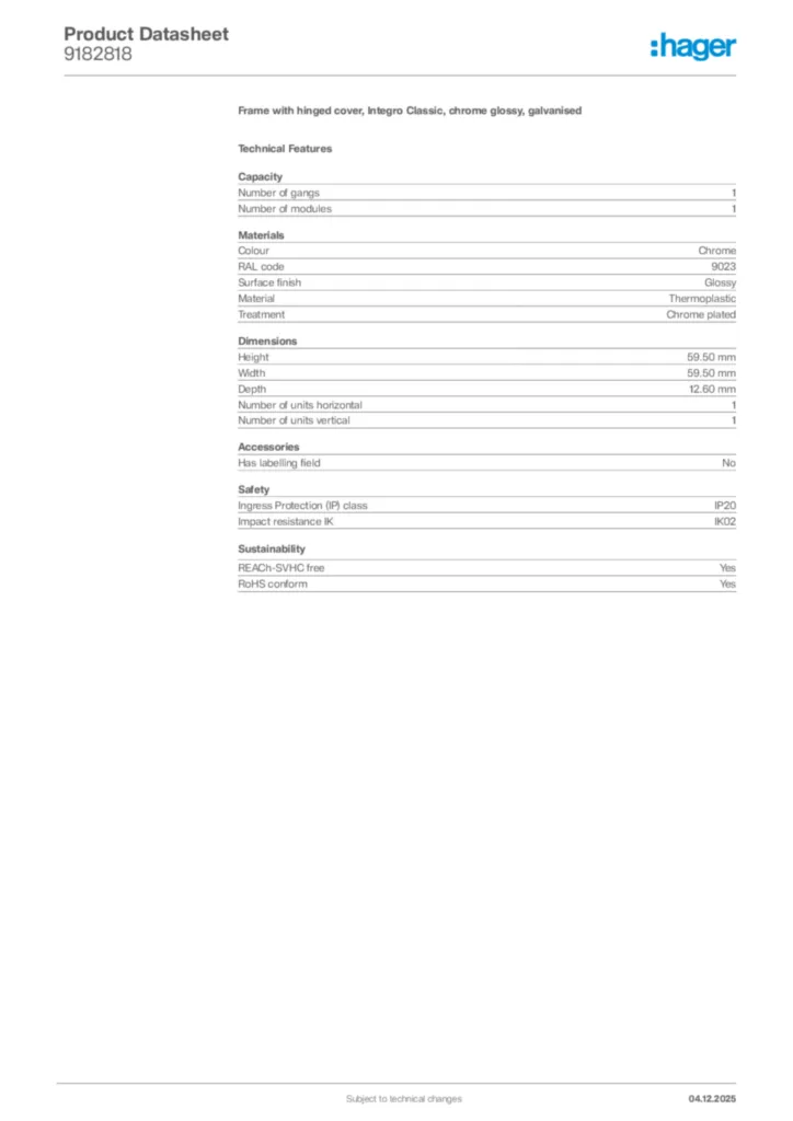 Image Hager Product data sheet 9182818  | Hager