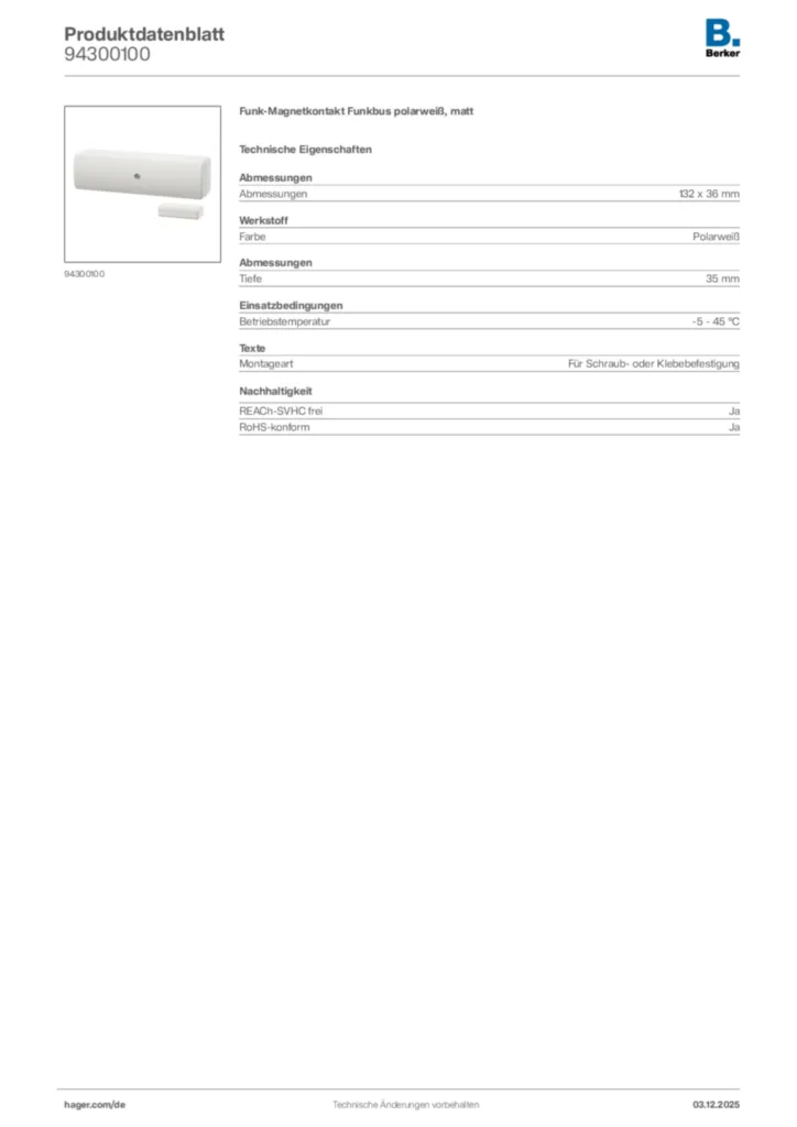 Bild Berker Produktdatenblatt 94300100 | Hager Deutschland