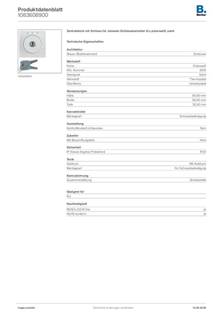 Bild Berker Produktdatenblatt 1083608900 | Hager Deutschland