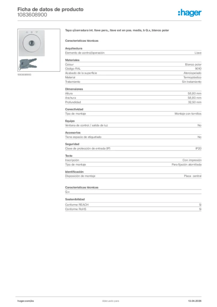 Imagen Hager Ficha de datos de producto 1083608900 | Hager España