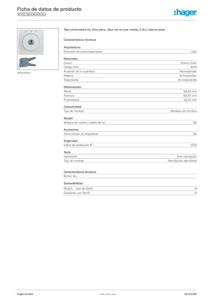 Imagen Hager Ficha de datos de producto 1083608900 | Hager España