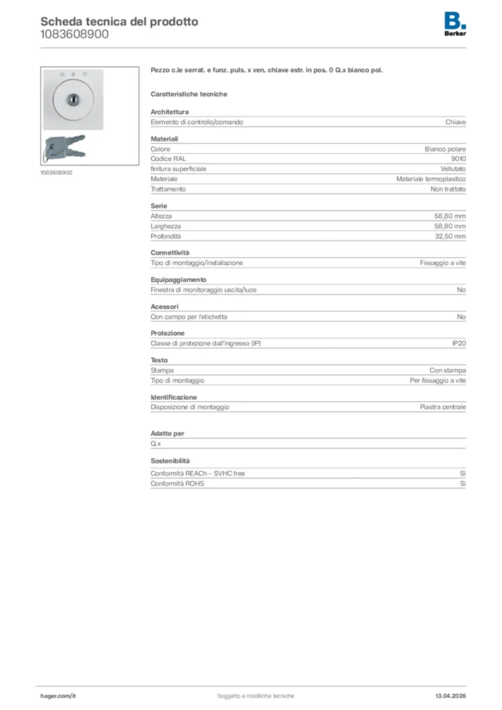 Immagine Berker Scheda tecnica del prodotto 1083608900 | Hager Italia