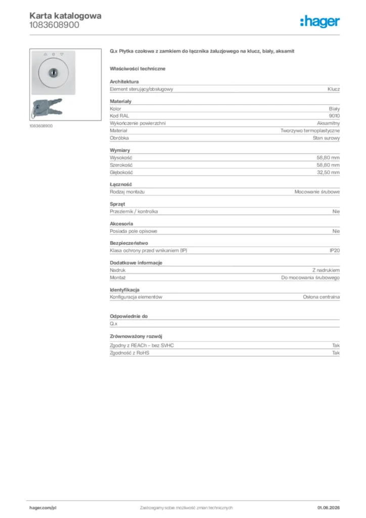 Zdjęcie Hager Karta katalogowa 1083608900 | Hager Polska