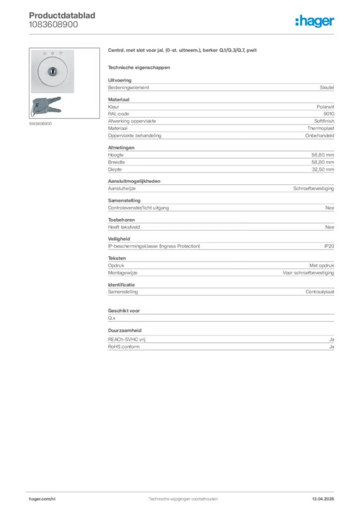 Afbeelding Hager Productdatablad 1083608900 | Hager Nederland