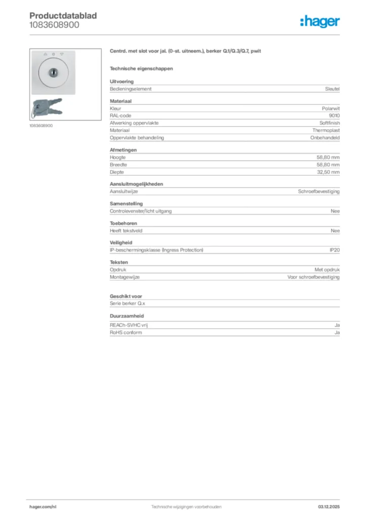 Afbeelding Hager Productdatablad 1083608900 | Hager Nederland