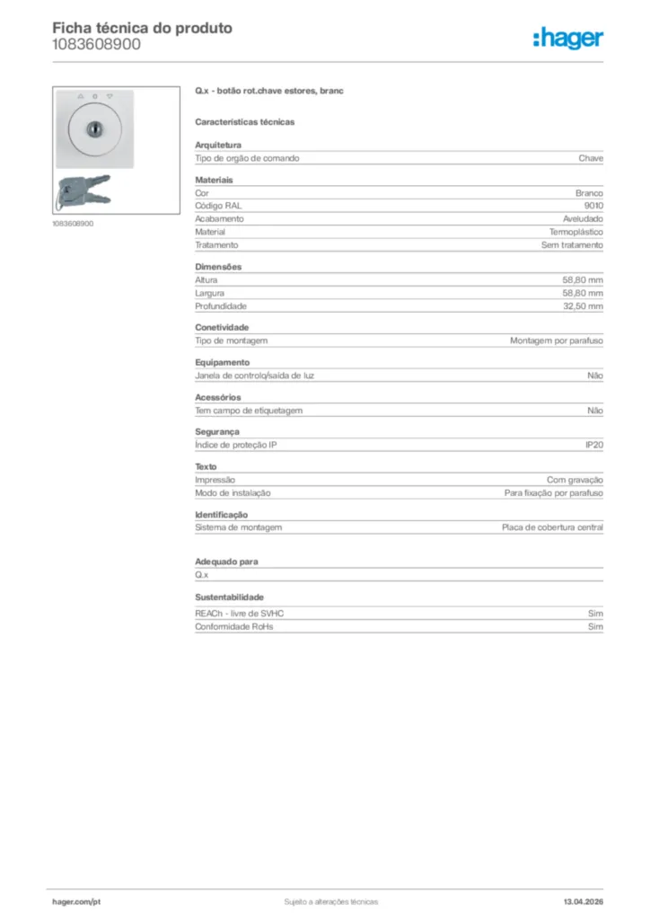 Imagem Hager Ficha técnica do produto 1083608900 | Hager Portugal