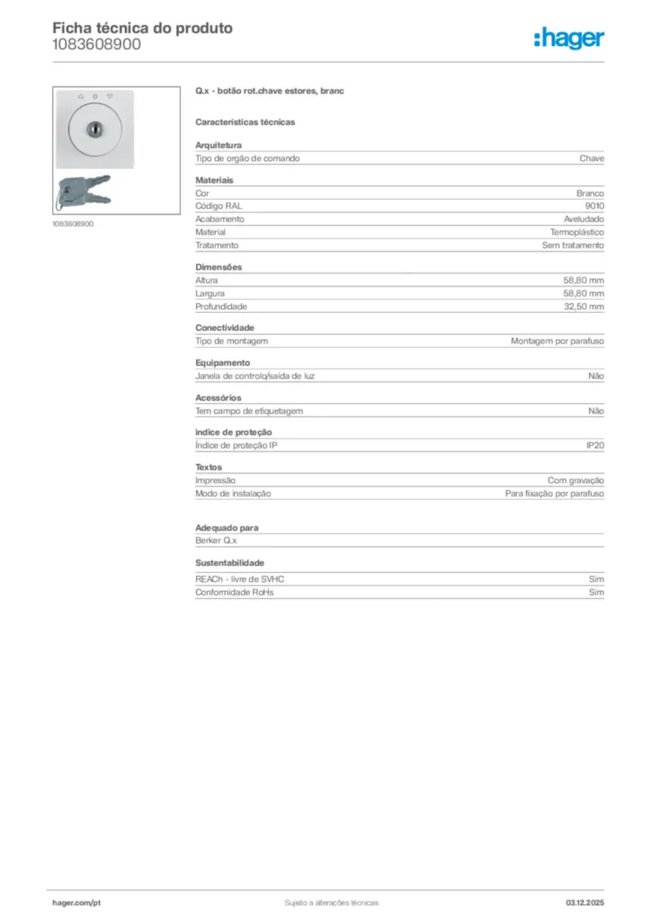 Imagem Hager Ficha técnica do produto 1083608900 | Hager Portugal