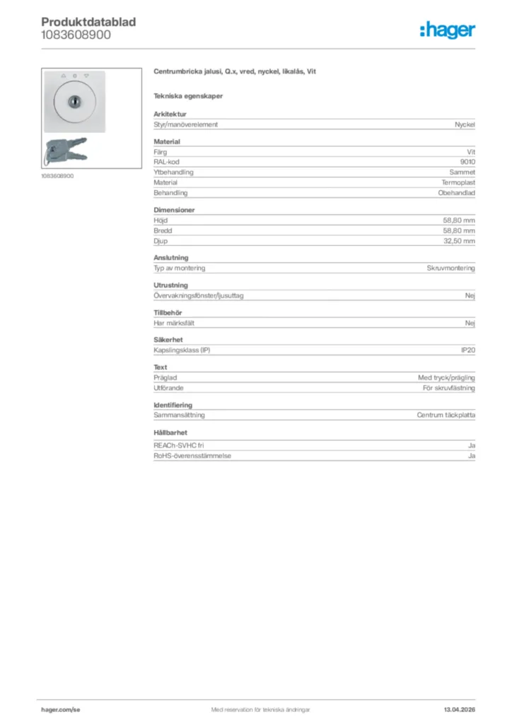 Bild Hager Produktdatablad 1083608900 | Hager Sverige