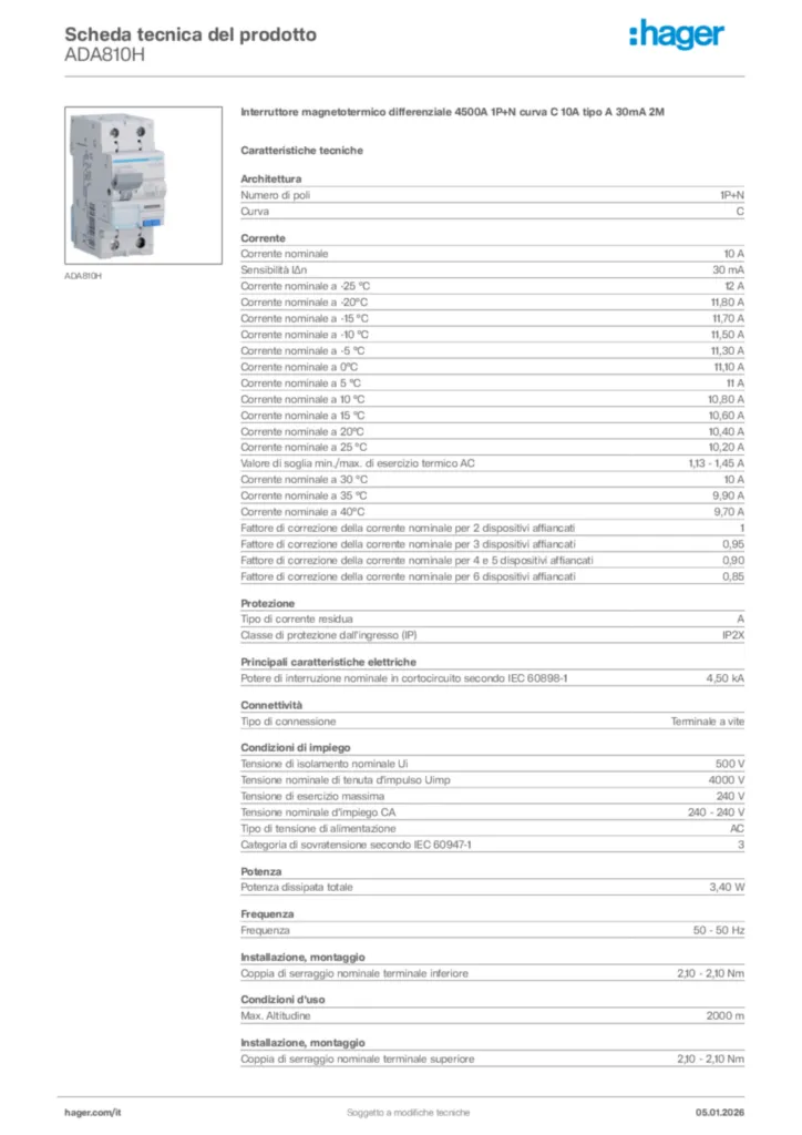 Immagine Hager Scheda tecnica del prodotto ADA810H | Hager Italia