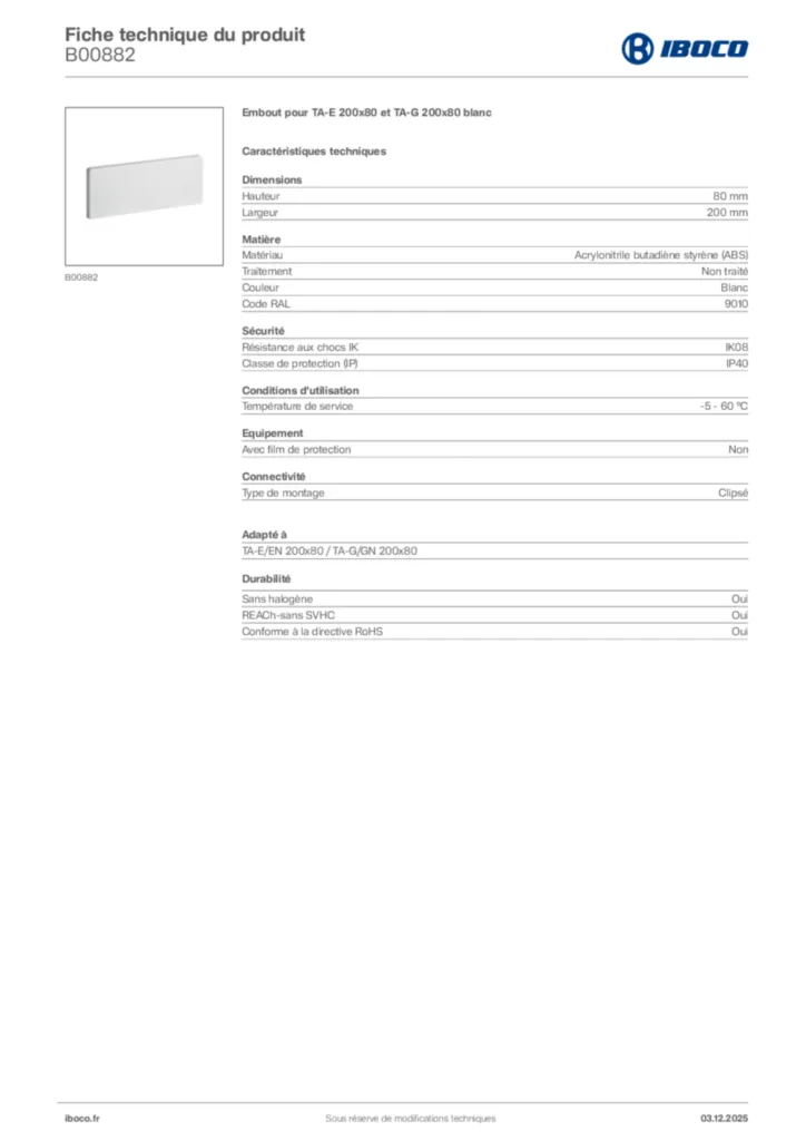 Image Iboco Fiche technique du produit B00882 | Hager France