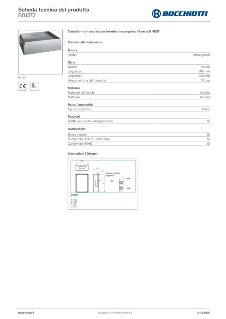Immagine Bocchiotti Scheda tecnica del prodotto B01372 | Hager Italia