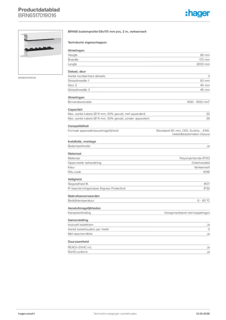 Afbeelding Hager Productdatablad BRN6517019016 | Hager Nederland