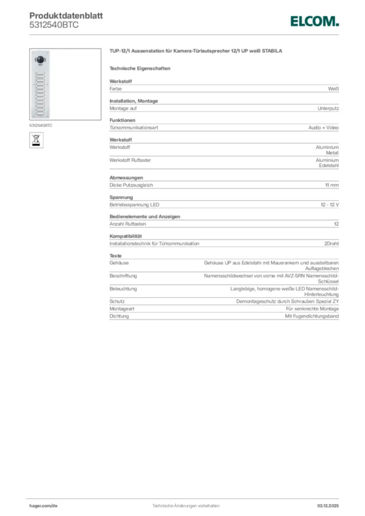 Bild Elcom Produktdatenblatt 5312540BTC | Hager Deutschland