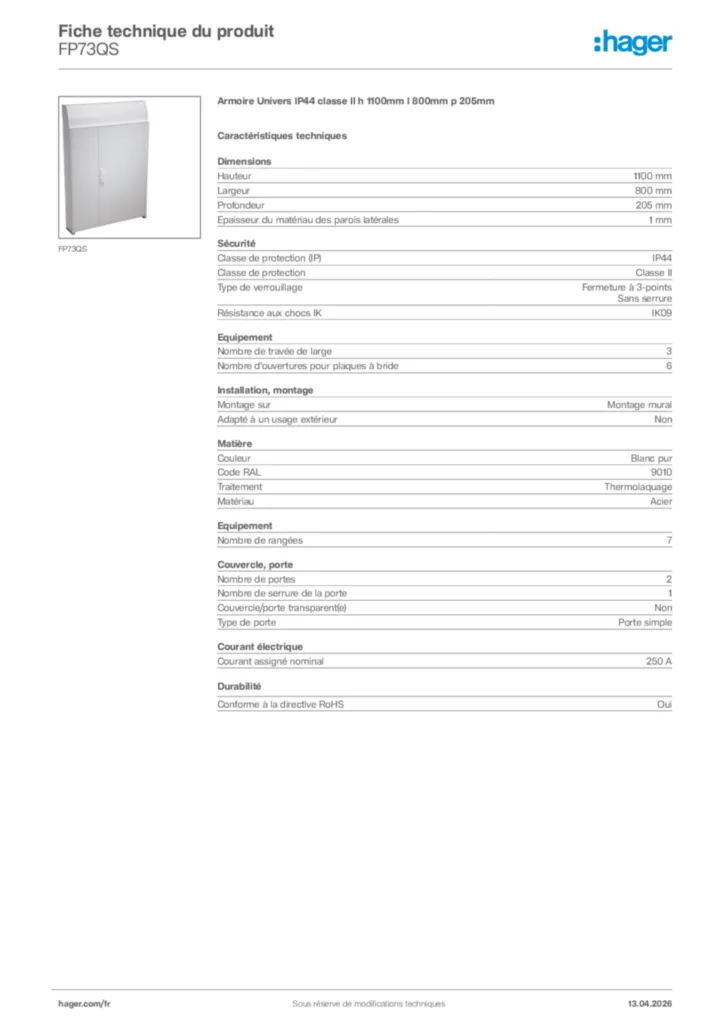 Image Hager Fiche technique du produit FP73QS | Hager France