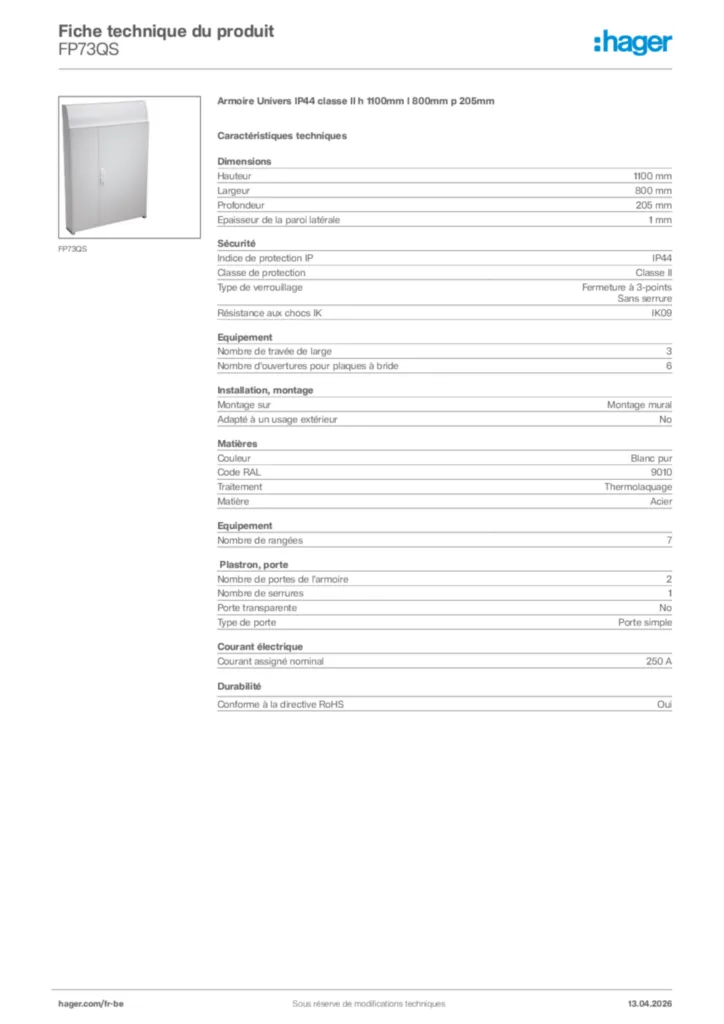 Image Hager Fiche technique du produit FP73QS | Hager Belgique