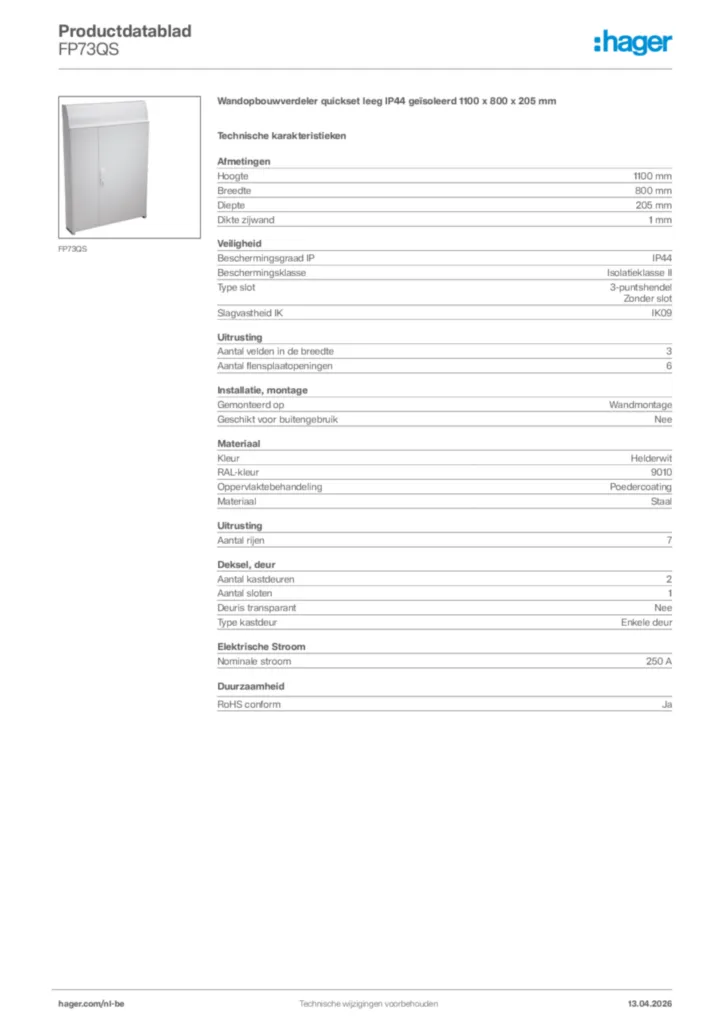 Afbeelding Hager Productdatablad FP73QS | Hager Belgium