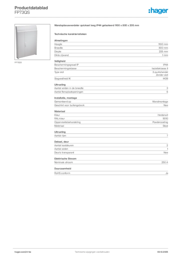 Afbeelding Hager Productdatablad FP73QS | Hager Belgium