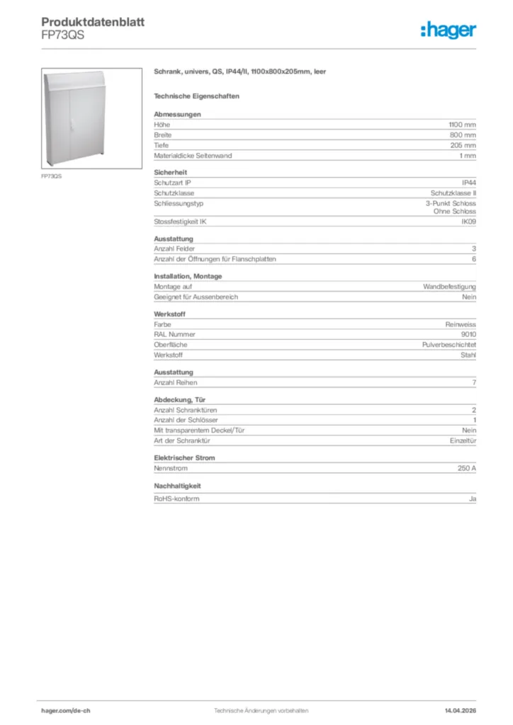 Bild Hager Produktdatenblatt FP73QS | Hager Schweiz