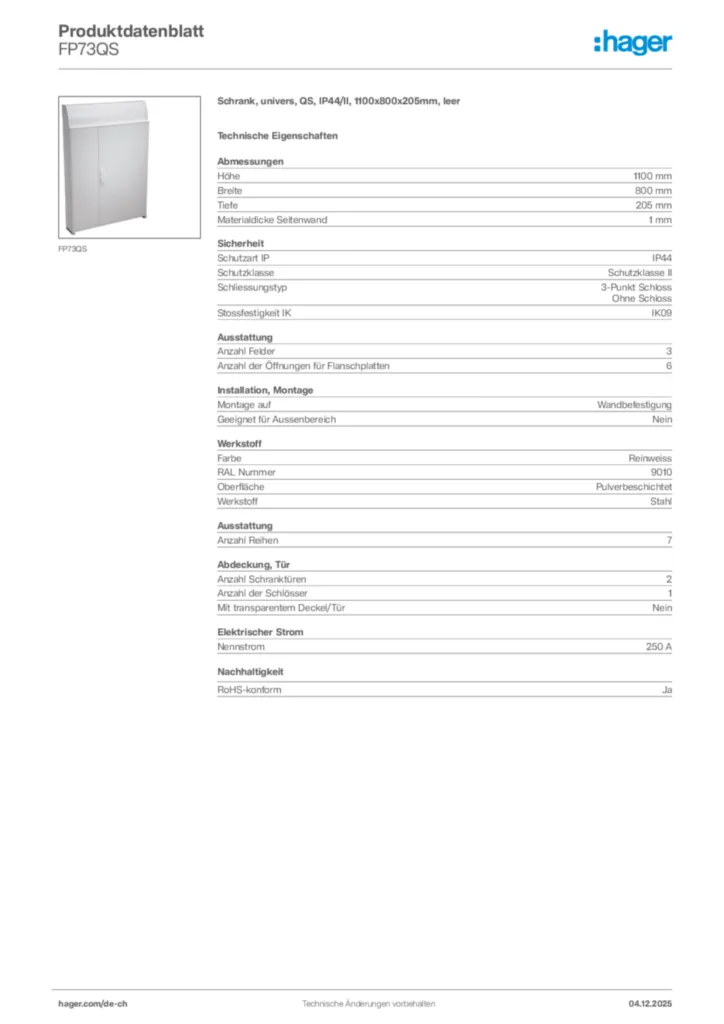 Bild Hager Produktdatenblatt FP73QS | Hager Schweiz