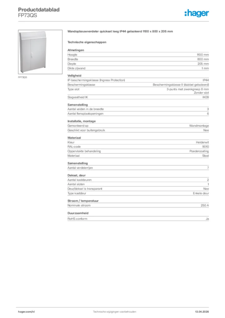 Afbeelding Hager Productdatablad FP73QS | Hager Nederland
