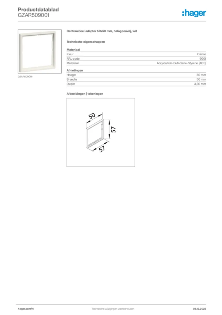 Afbeelding Hager Productdatablad GZAR509001 | Hager Nederland