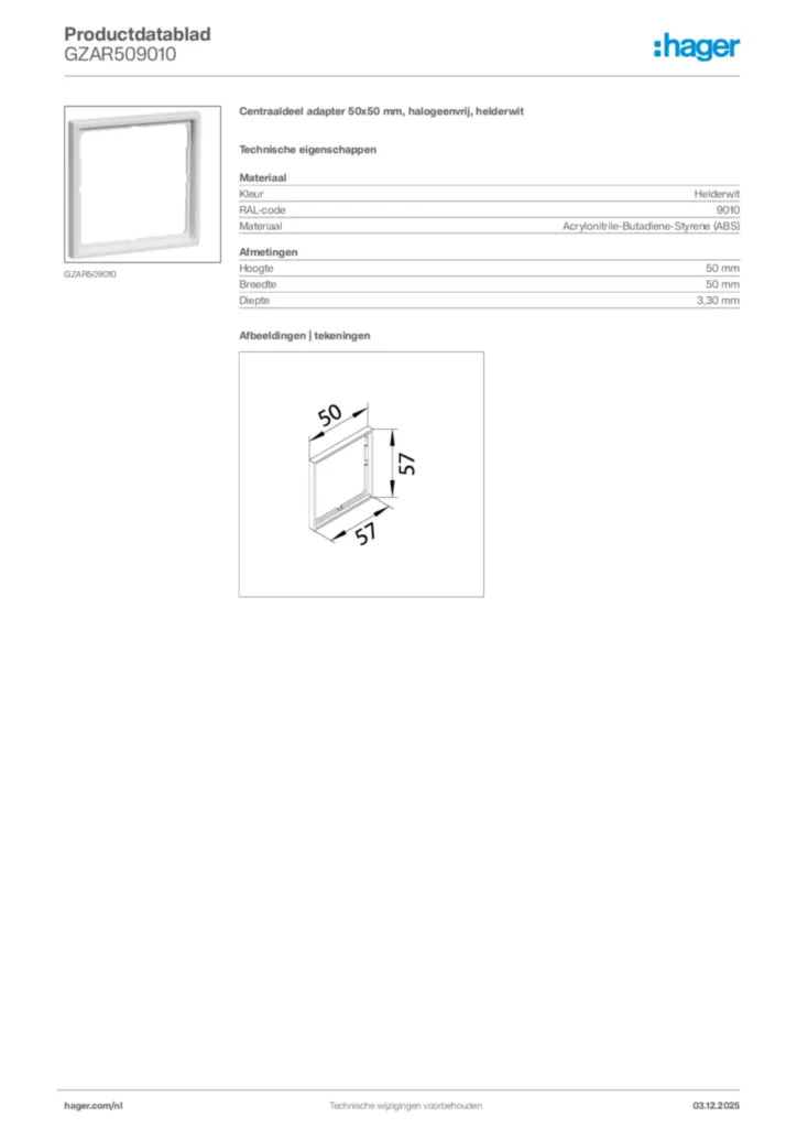 Afbeelding Hager Productdatablad GZAR509010 | Hager Nederland
