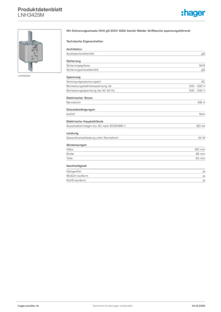 Bild Hager Produktdatenblatt LNH3425M | Hager Schweiz