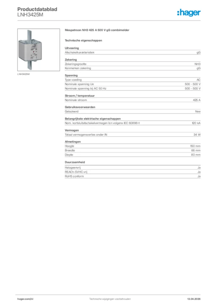 Afbeelding Hager Productdatablad LNH3425M | Hager Nederland