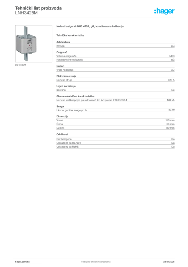 Slika Hager Product data sheet LNH3425M  | Hager