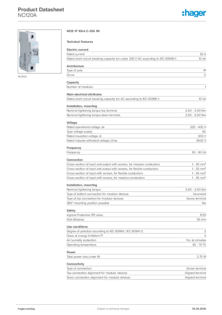 Image Hager Product data sheet NC120A  | Hager