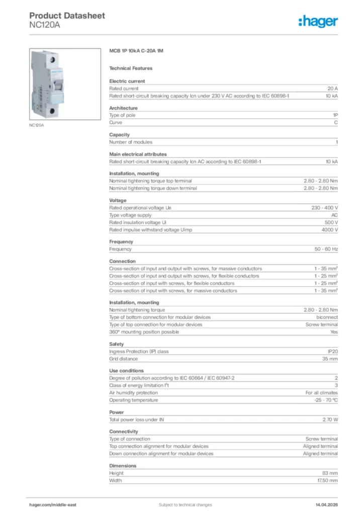 Image Hager Product data sheet NC120A  | Hager
