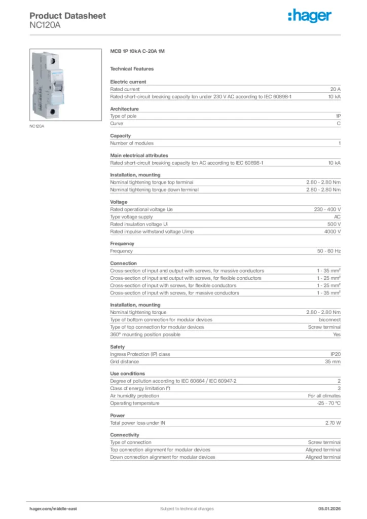 Image Hager Product data sheet NC120A  | Hager