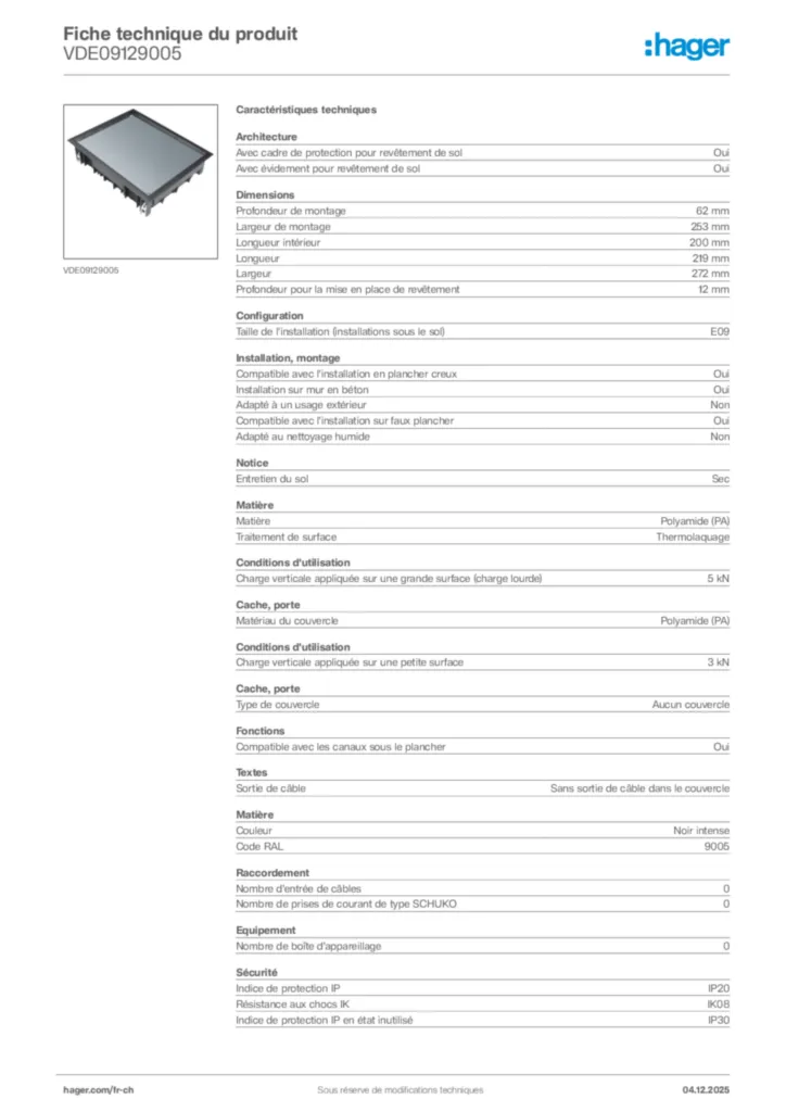 Image Hager Fiche technique du produit VDE09129005 | Hager Suisse