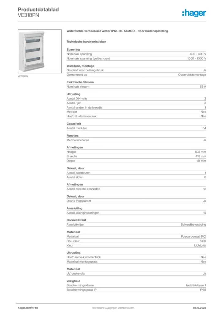 Afbeelding Hager Productdatablad VE318PN | Hager Belgium